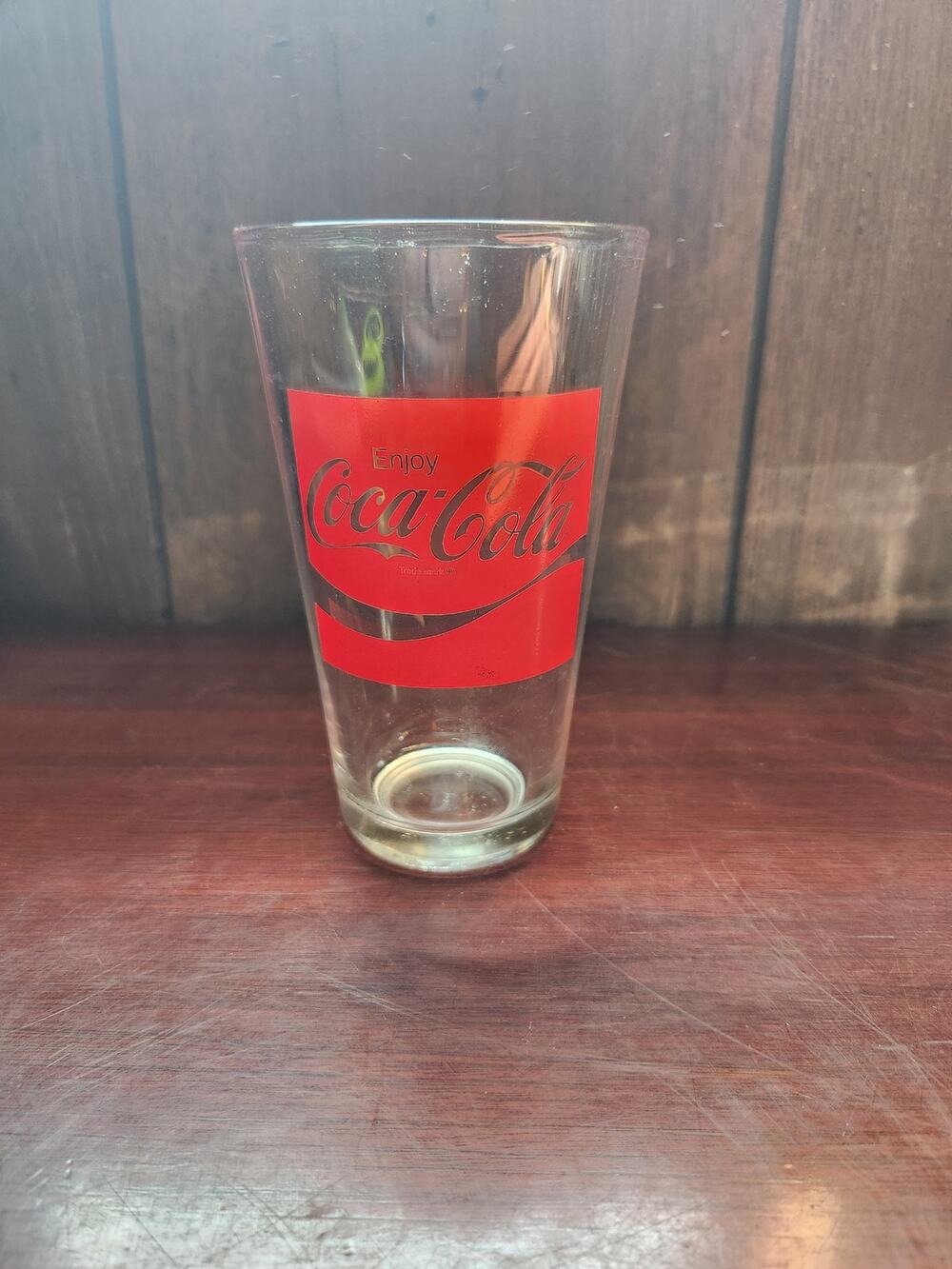 Vintage Enjoy Coca-Cola Clear Glass Tumbler Red Logo Band 6 Inch